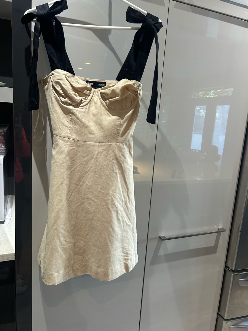 Zara Cream Mini Dress with Black Tie-Straps